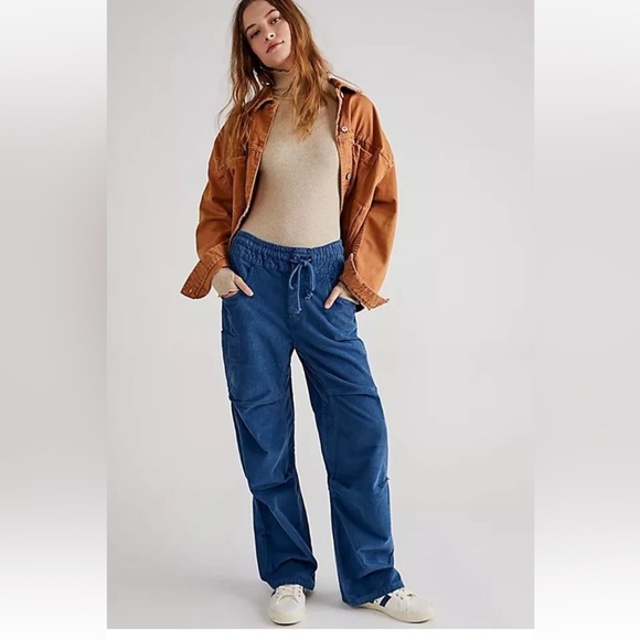 Free People Modern Love Pull-On Cord Jeans Size large Blue Wide Leg Pants - Picture 1 of 8